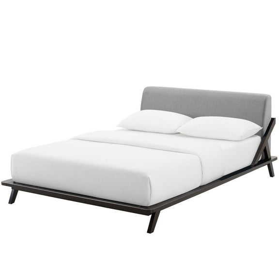Modern Contemporary Urban Design Bedroom Queen Size Platform Bed Frame, Wood Fabric, Natural Brown Grey Gray
