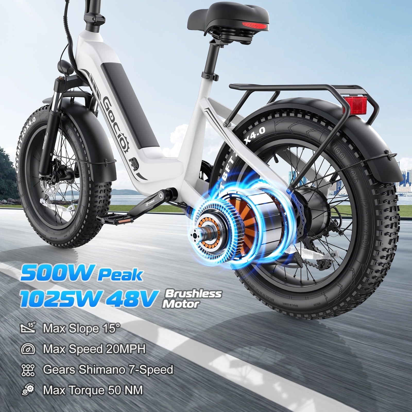 Gocio Electric Bike for Adults, Peak 1025W Mountain E Bike, 48V 13AH Removable Lithium-Ion Battery Ebikes, 20"x4.0" Fat Tire Electric Bicycles, 3A Fast Charge, 60 Miles Man Woman UL2849 Certified