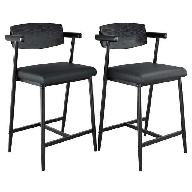Juego de 2 Bancos para Barra con Respaldo de Madera - Asiento Ancho Tapizado, Reposapiés Ergonómico y Estructura Metálica Duradera - Altura de Mostrador 66 cm - Color Negro