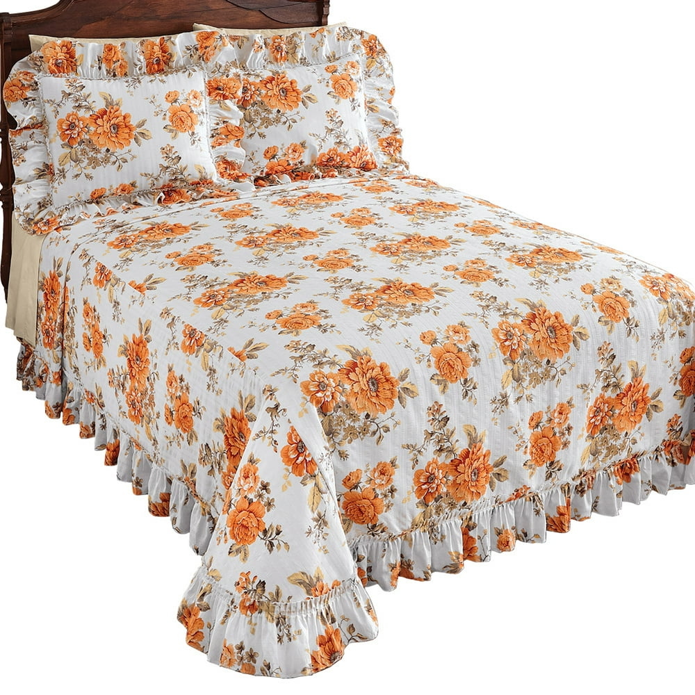 Amber Orange Floral & White Plisse Ruffle Lightweight Bedspread