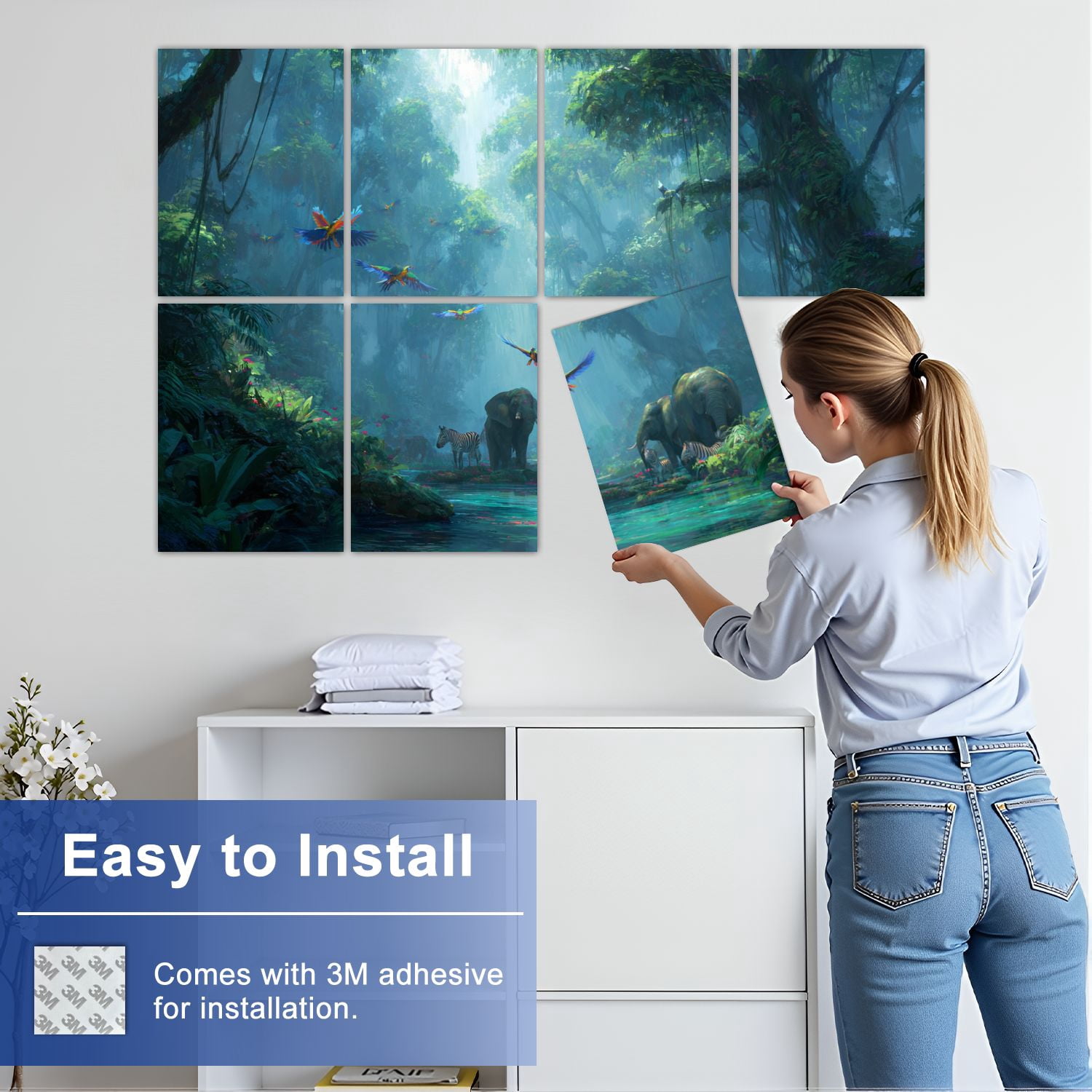 8 Pack Art Acoustic Panels Sound Absorbing Misty Jungle Stream Zebras Sunlight Rays Decorative Soundproof Wall Panels Self Adhesive for Nursery Game Room Bedroom 48"x32"