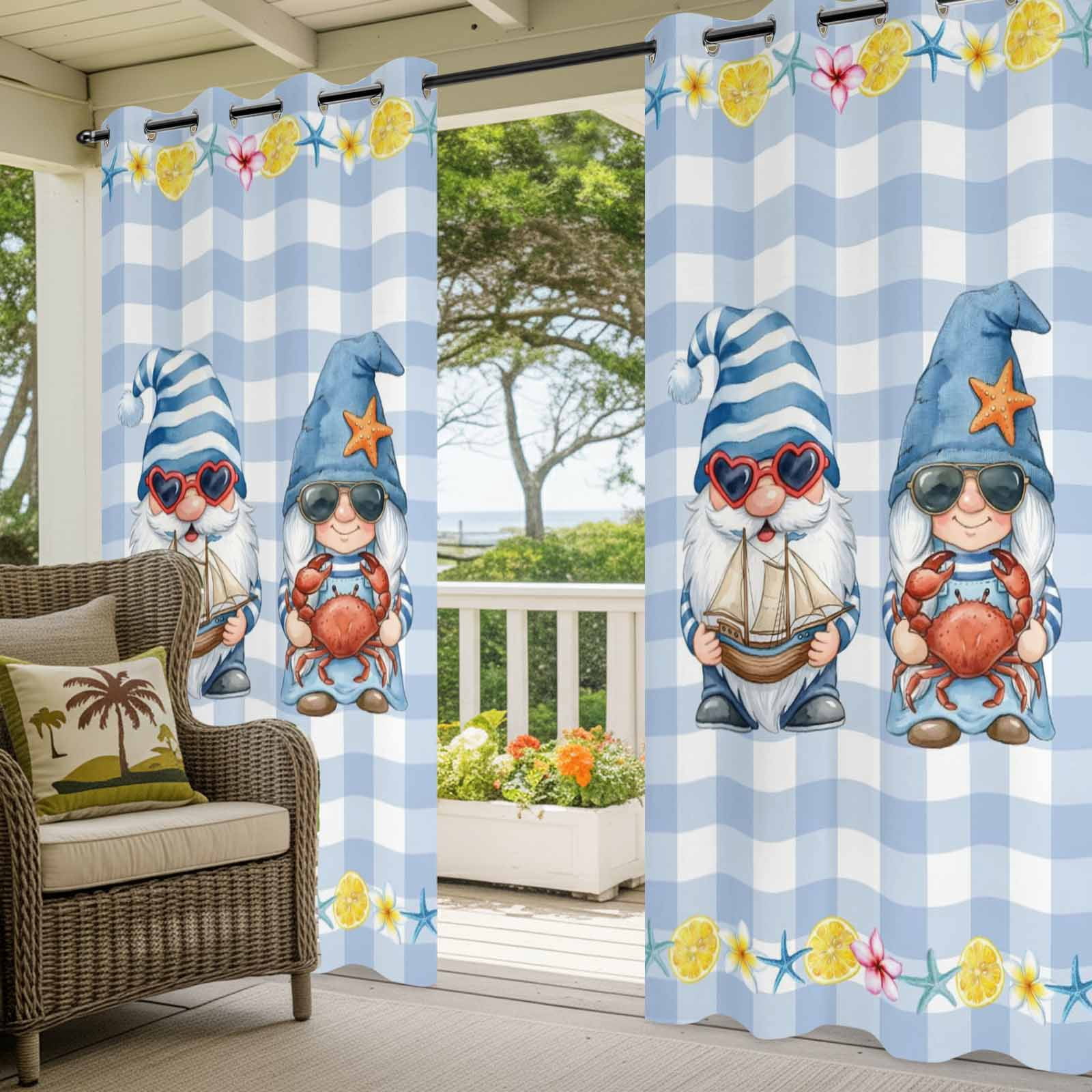 Outdoor Curtains for Patio Waterproof, Summer Gnomes Nautical Windproof Pravicy Outside Porch Blackout Curtain, Blue Floral Starfish Checkered Sun Blocking Grommets Curtains for Cabana 54"x108"