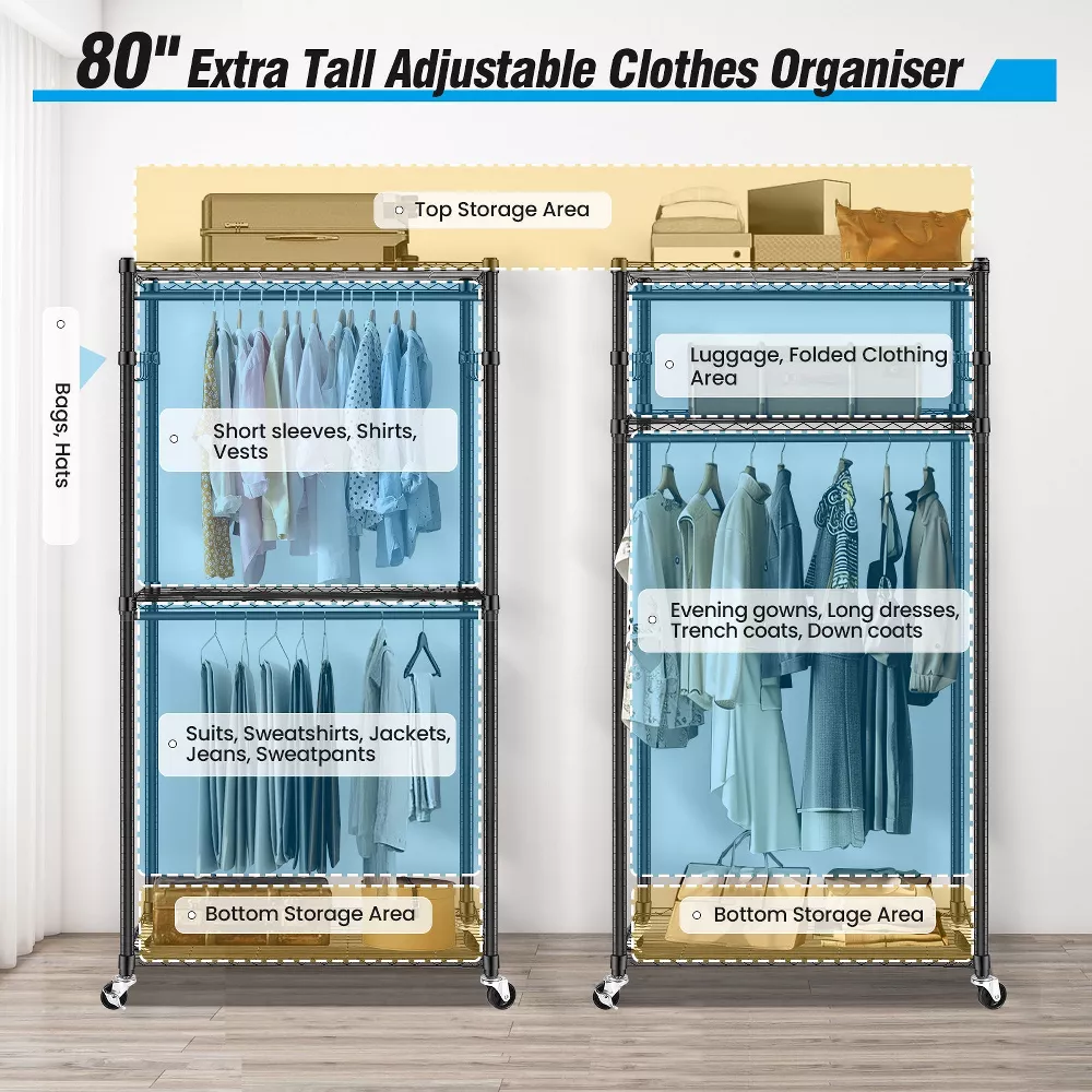 Sailvan Heavy Duty Clothing Rack with 3 Tier Adjustable Shelves, Double Rod Rolling Garment Rack, Small Space Freestanding Closet Wardrobe 16.54"D x 35.43"W x 80.71"H,Gray