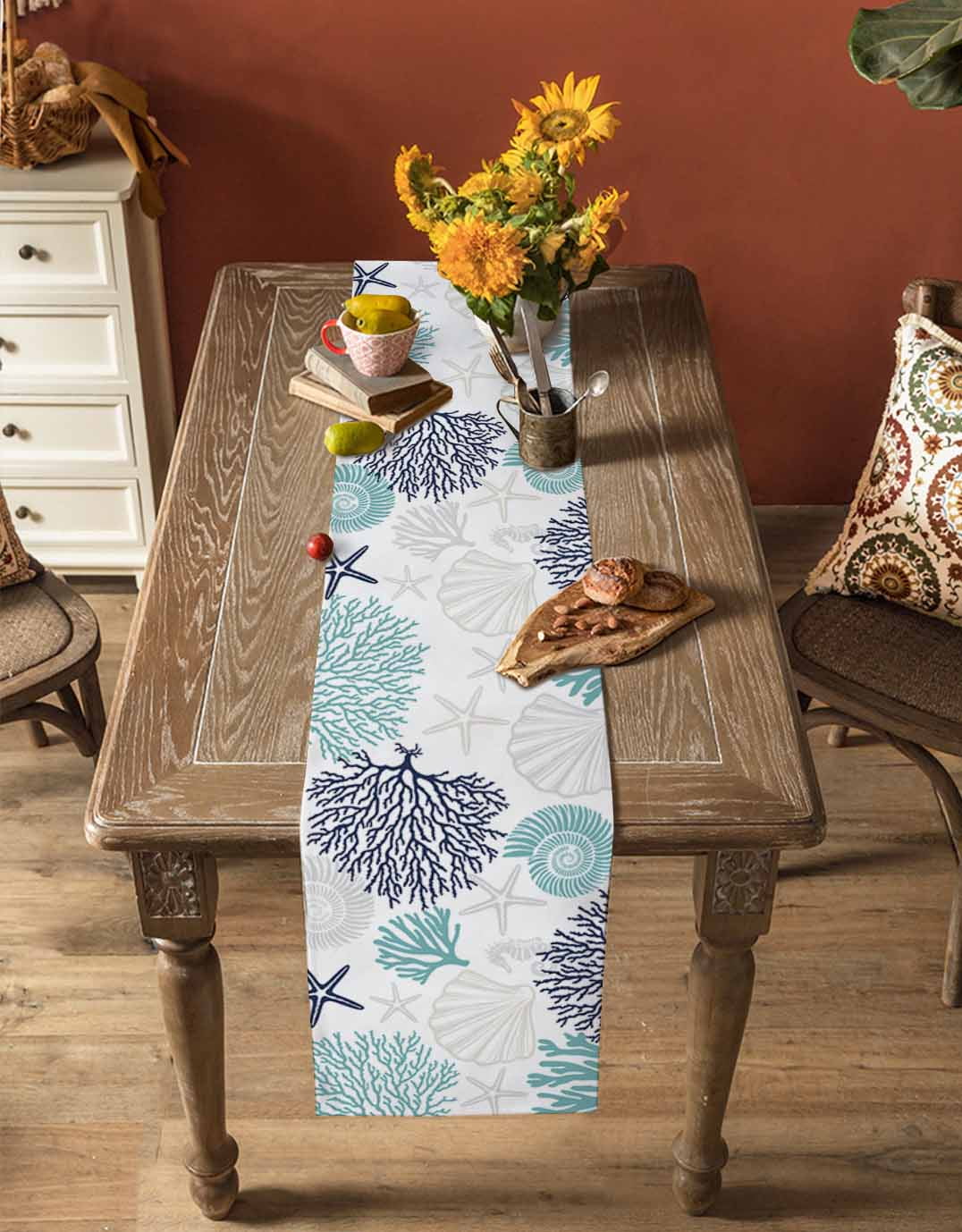 Coastal Table Runner Turquoise Blue Coral Starfish Shell Seahorse Tablerunners 14 x 72 Inch, Table Decorations Tabletop Scarf for Summer Gathering Holiday Farmhouse Kitchen Dining Decor