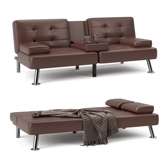 Furmax 3-in-1 Futon Sofa Bed Convertible Couch  Faux Leather Recliner with Cup Holders for Living Room, Apartment & Small Space, Brown