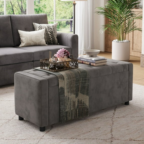 Linsy Home 50" Ottoman with Storage for Living Room, Velvet Storage Ottoman Bench with Gas Lift, Grey