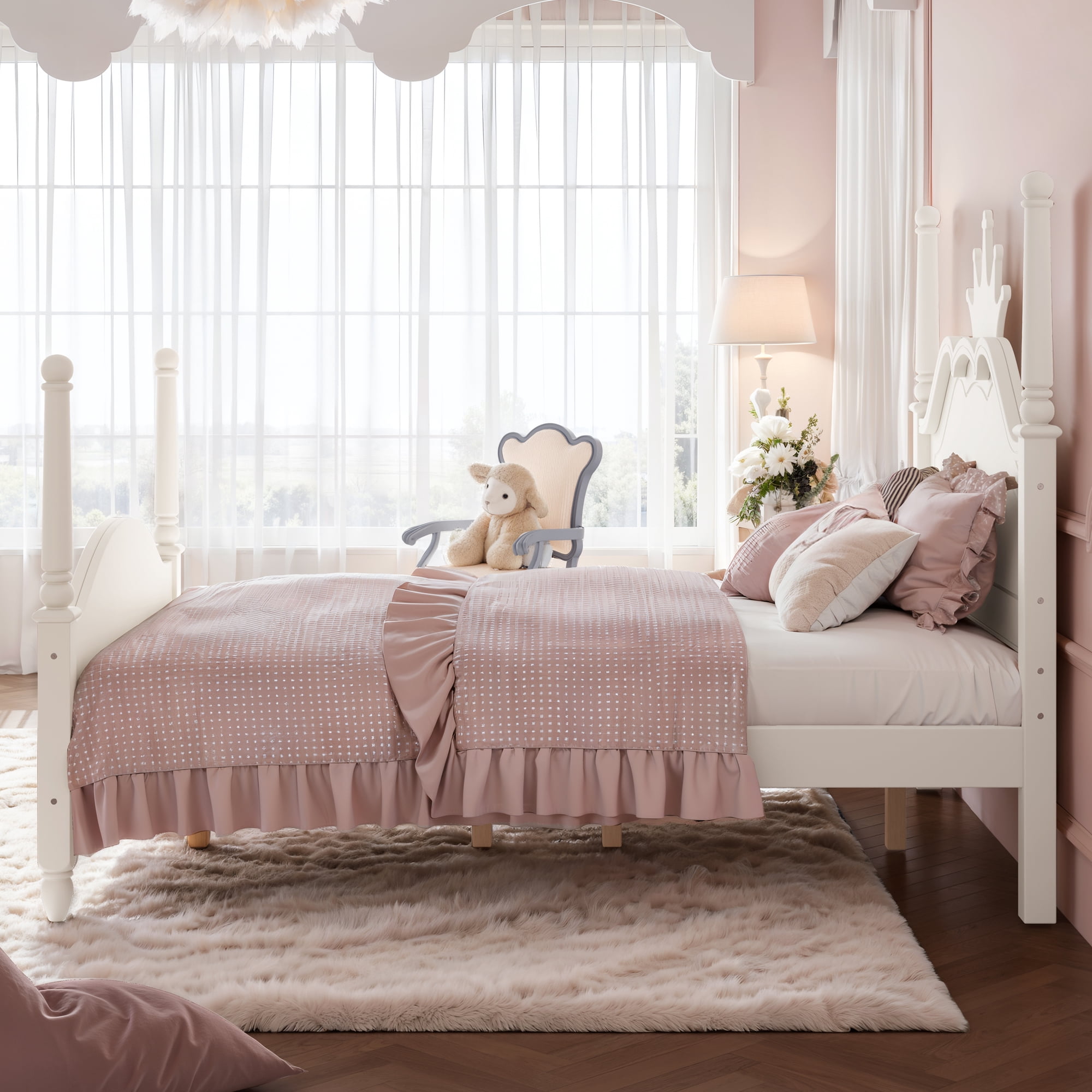 GARITIN Full Size Crown Shaped Platform Bed, Four Poster Wooden Bed Frame, Elegant Curved Headboard Bed Frame for Bedroom Guest Room, Beige