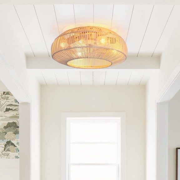 Parrot Uncle Low Profile Ceiling Fans with Lights, 20 Inch Rattan Flush Mount Ceiling Fan with Remote Control