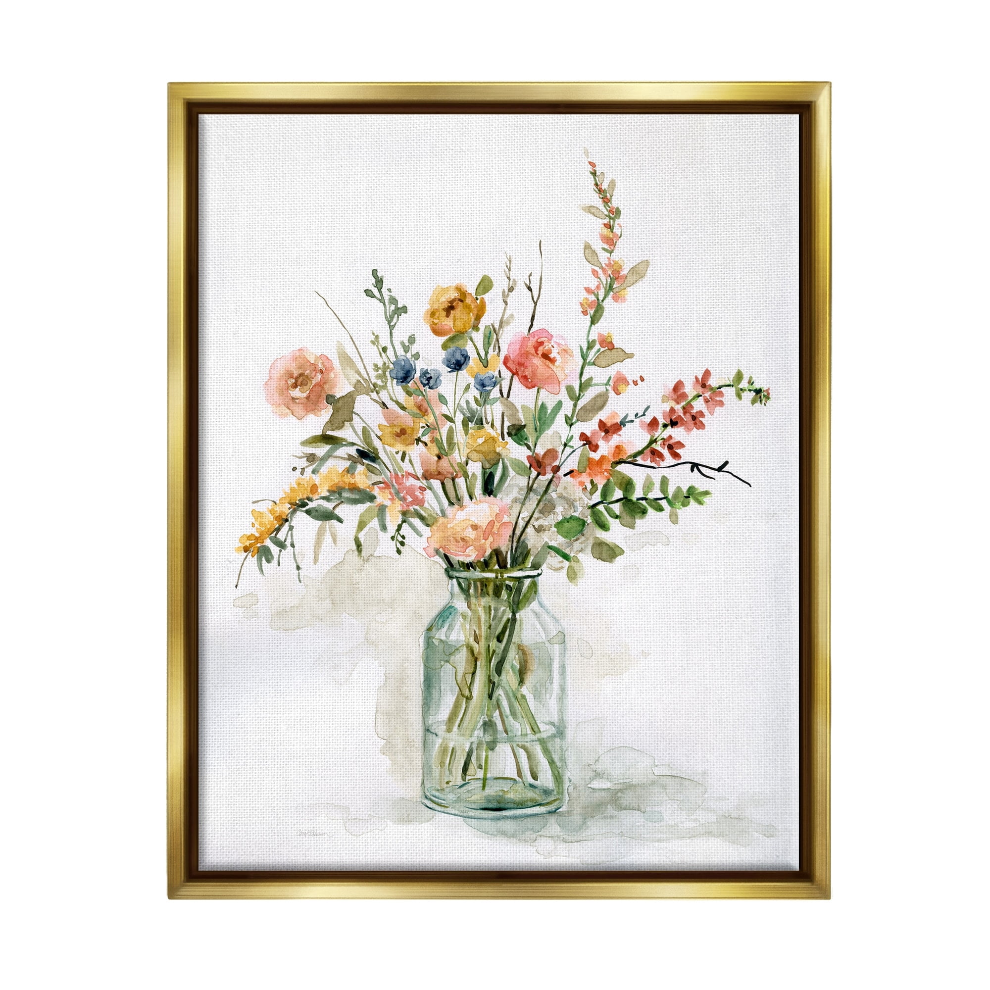 Stupell Industries Country Meadow Roses Floral Bouquet Watercolor Still Life Metallic Gold Framed Floating Canvas Wall Art, 16x20, by Carol Robinson
