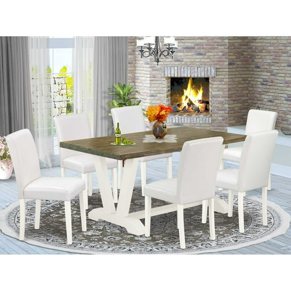 East West Furniture V076AB264-7 7-Piece Modern Rectangular Dining Room Table Set an Outstanding Distressed Jacobean Kitchen Table Top and 6 Attractive Pu Leather Dining Chairs with Stylish Chair...