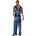 thumbnail image 4 of TiaoBug Men's Retro 70s Outfit Disco Dance Jumpsuit Sleeveless Shiny Metallic V-Neck Bodysuit Clubwear Blue L, 4 of 7