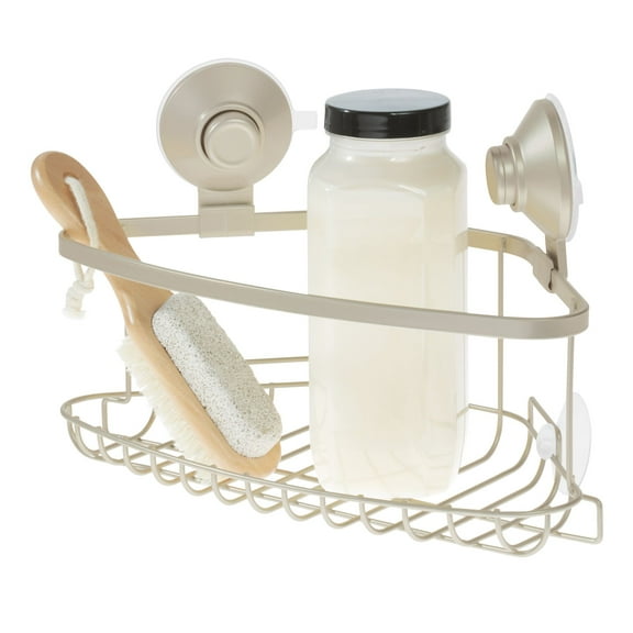 iDesign Metal Push Lock Suction 1-Shelf Corner Shower Caddy, Silver