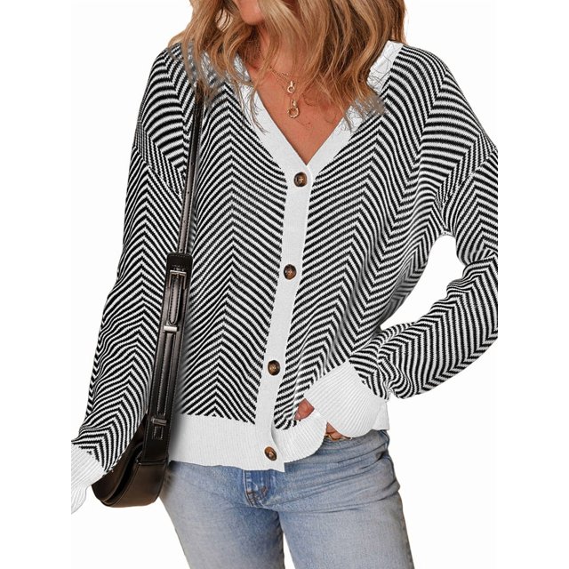 Cardigans Décontractés pour Femmes à devant Ouvert, Manches Longues, Tricot Épais Rayé, Chandails, Manteaux, Blanc G
