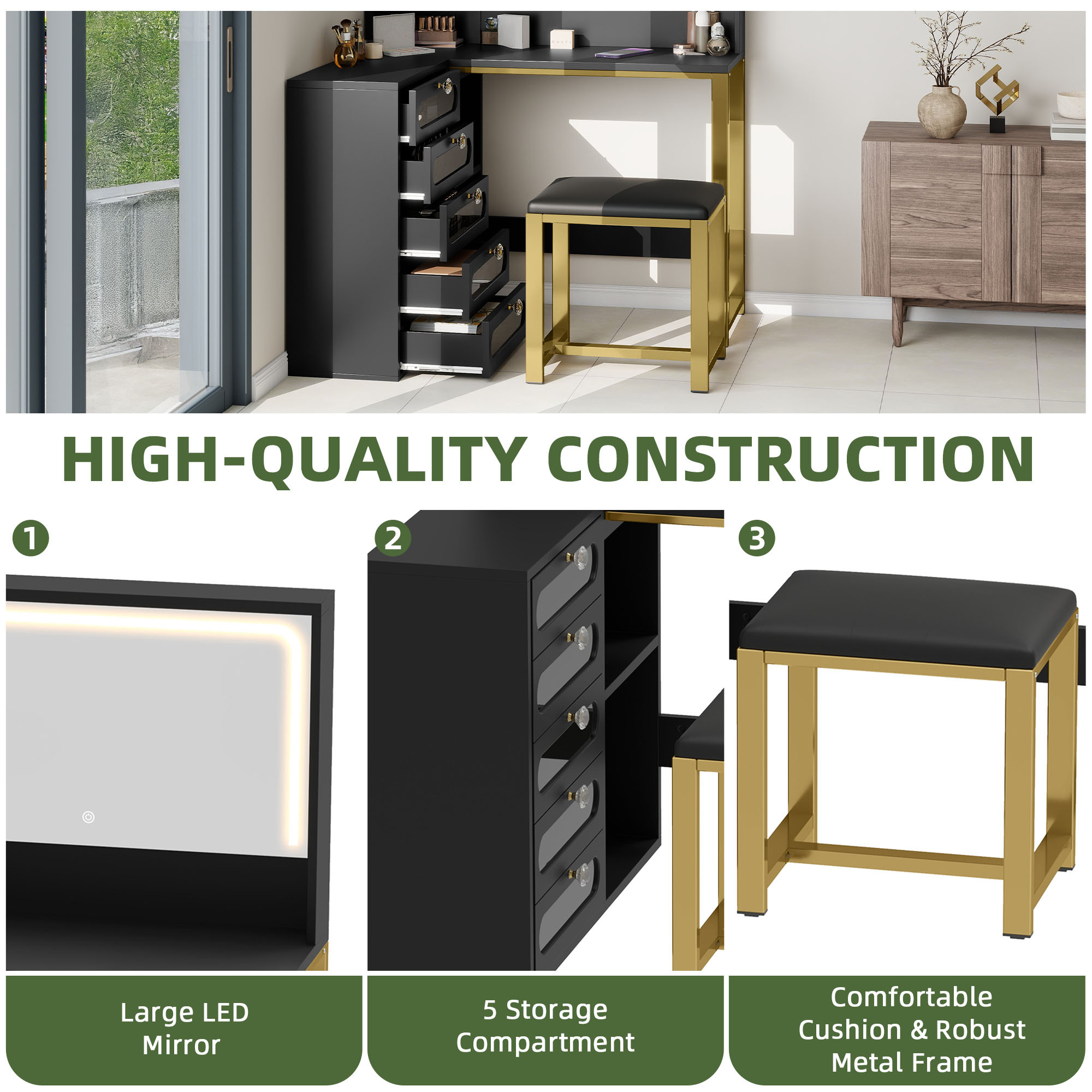 Uforic Black Corner Makeup Vanity Desk Set with Stool, LED Mirror, Glass Drawers