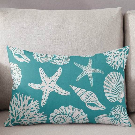 Decorative Pillow Cover 20x26 Inch Ocean Coastal Lumbar Pillow Cover Shells Starfish Conch Coral Teal Linen Soft Cushion Covers for Sofa Couch Bed, Living Room Home Decor