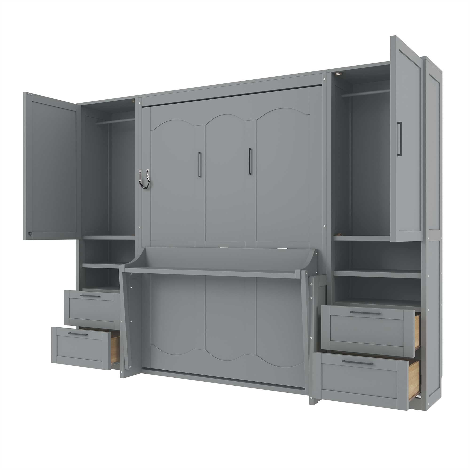 Full Size Murphy Bed with 2 Closet, 4 Drawers and Shelves for Space-Saving Guest Room