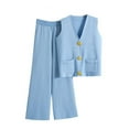 thumbnail image 3 of QATAINLAV Sweater Sets for Women Sleeveless Button V Neck Knitted Vest Matching Straight Wide Leg Long Pants Two Piece Outfits Fall Winter Clothes, Sky Blue, Free Size, 3 of 5