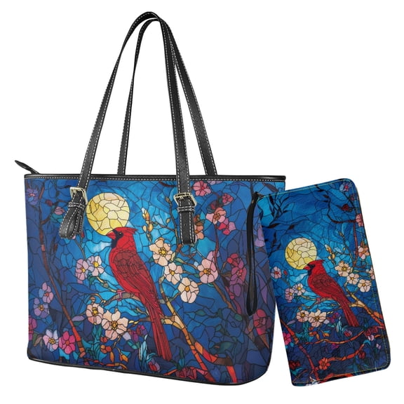 Tutolipy Cardinal Flower Moon Printed Handbag and Wallet,Shoulder Totes Waterproof Satchel Purse and Wristlet Wallet,Leather Tote Bag with Adjustable Strap and Zipper