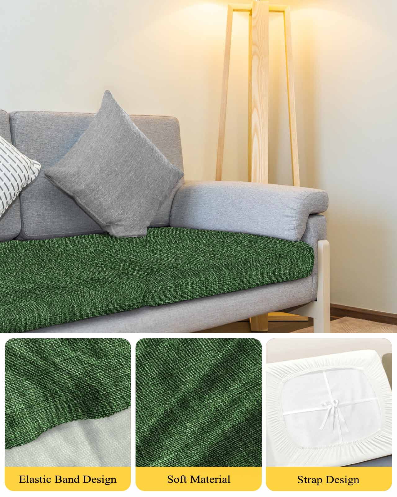 Dark Green Burlap Texture Couch Cushion Covers Stretch, Washable Sofa Seat Covers Individual Seat Cushion Sofa Slipcovers Farmhouse Vintage Green Couch Cover Furniture Protector S-3PCS
