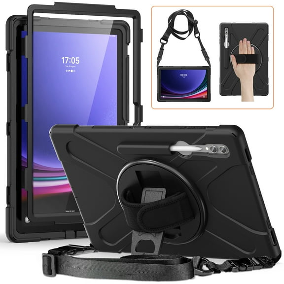 Dteck for Samsung Galaxy Tab S10 Ultra Case 2024 with Pencil Holder Crossbody Strap 360 Rotating Hand Strap & Stand, Rugged Case for Galaxy Tab S10 Ultra / Tab S9 Ultra/ S8 Ultra 14.6",Black
