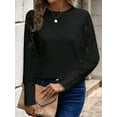thumbnail image 6 of Women'S Solid Color Long Sleeve Embroidered Lace Stitching Waffle Round Neck Top Black XL, 6 of 9