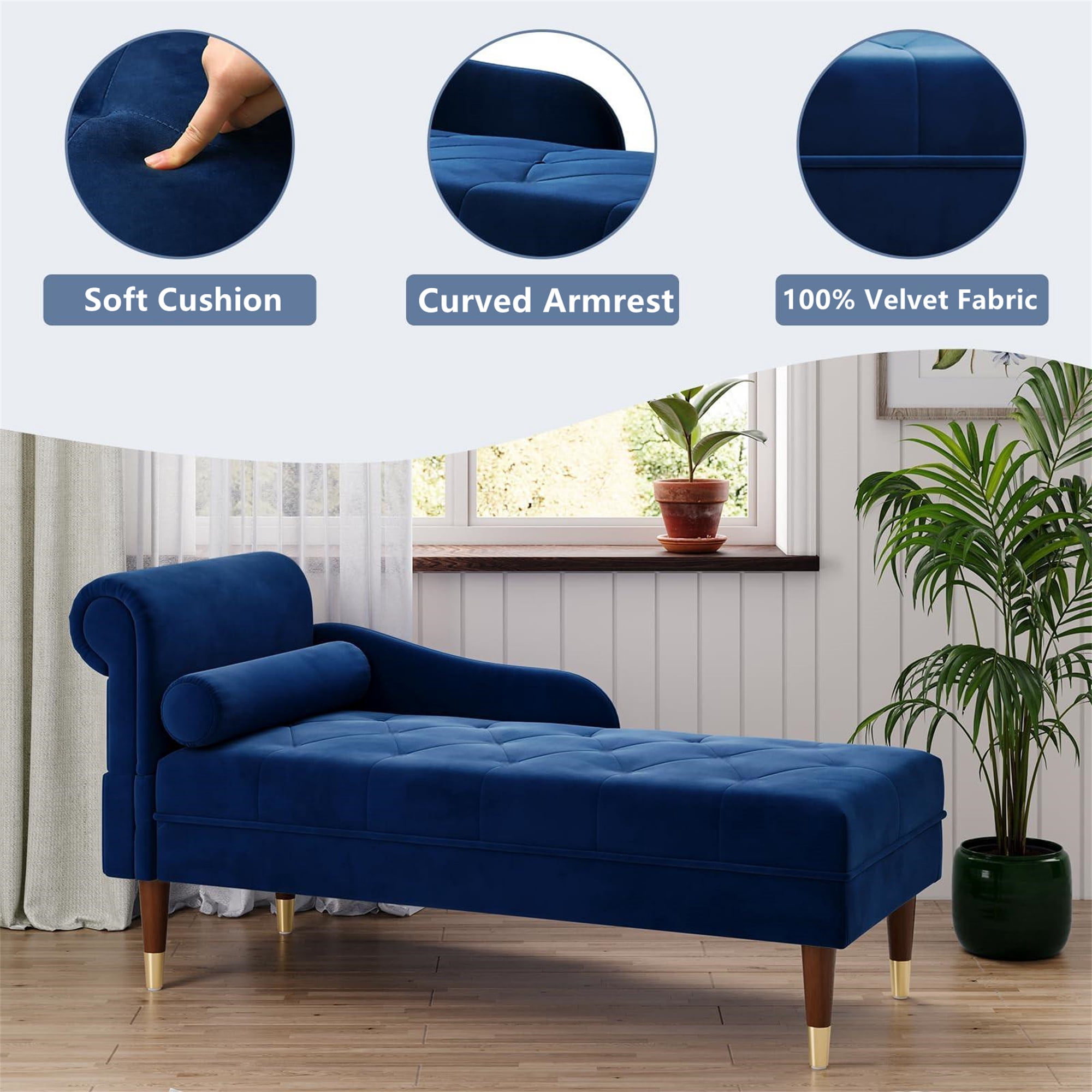 Aukfa 59" Velvet Chaise Lounge Indoor Upholstered Tufted Sofa w/ Pillow for Living Room Bedroom, Blue