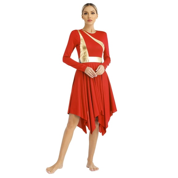 Jhaoyu Robe de Danse Lyrique pour Femmes Manches Longues Ourlet Irrégulier Culte Danse Liturgique Rouge TG