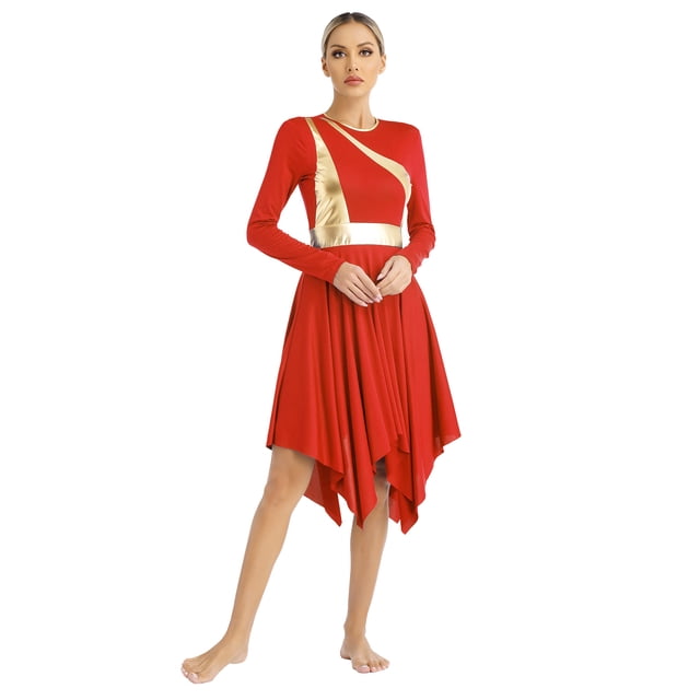 Ocealan Robe de Danse Lyrique pour Femmes Manches Longues Ourlet Irrégulier Costume de Culte Tenue de Danse Liturgique Rouge TG