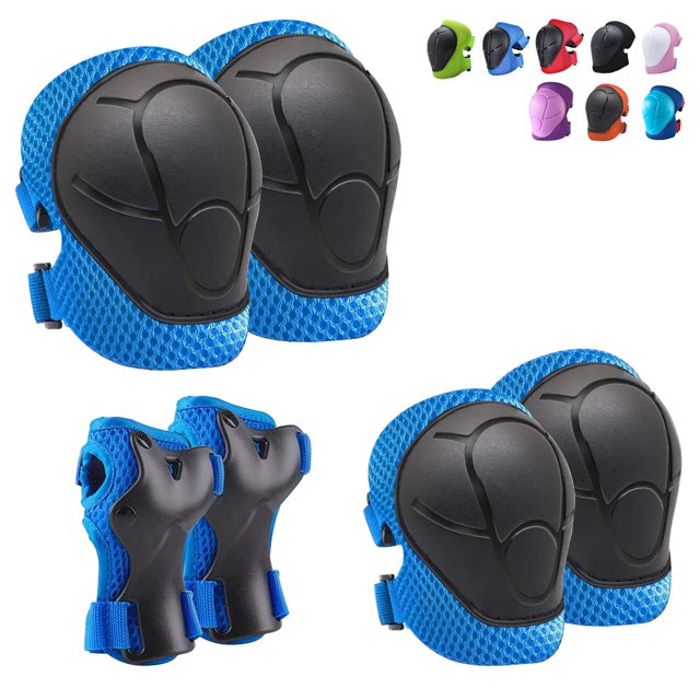 Ropa protectora azul: rodilleras para niños, rodilleras y coderas, conjunto de equipo protector para niños, niñas y niños con muñequeras 3 en 1 para patinaje, ciclismo, patinaje sobre ruedas