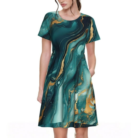 Spring Summer Dresses for Women 2025 - Teal Gold Marble Swirls Wedding Guest Dresses, Beach Vacation Clothes, Hawaiian Sundresses Casual Short Sleeve Dress for Women with Pockets