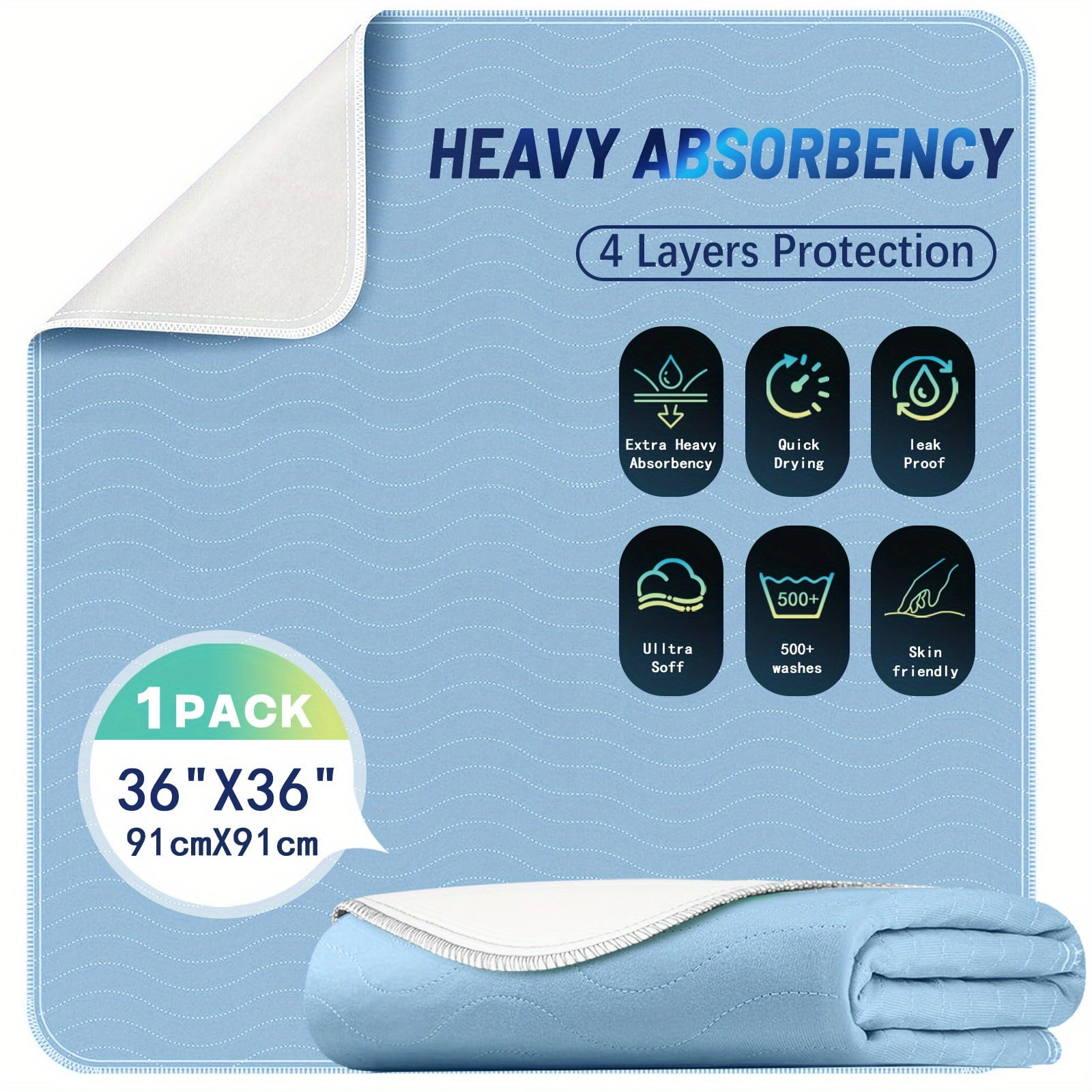 4pack/1pack 36” x 36” Extra Heavy Absorbency Washable Underpads, Waterproof Quick Drying Nursing Pads Incontinence Bed Pads, Reusable Washable Pee Pads for Dogs, Diaper Changing & Adults