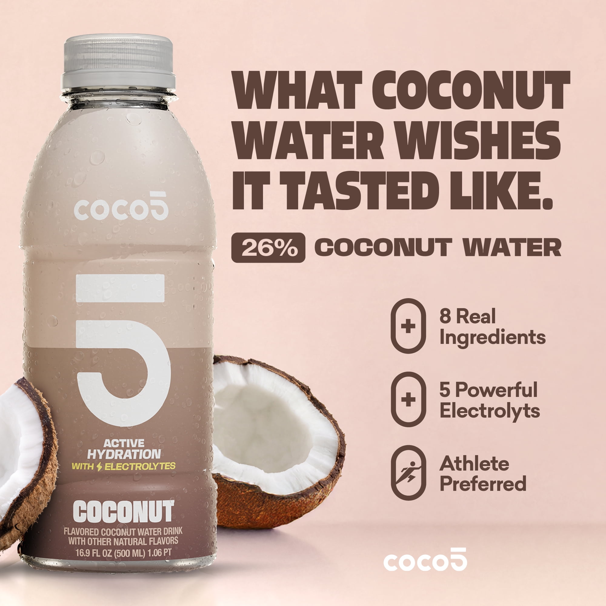 COCO5 Original Coconut Water, Pure Active Hydration with 5 Electrolytes, 50% Less Sugar, Caffeine Free, Vegan, 16.9 oz, 12 Count