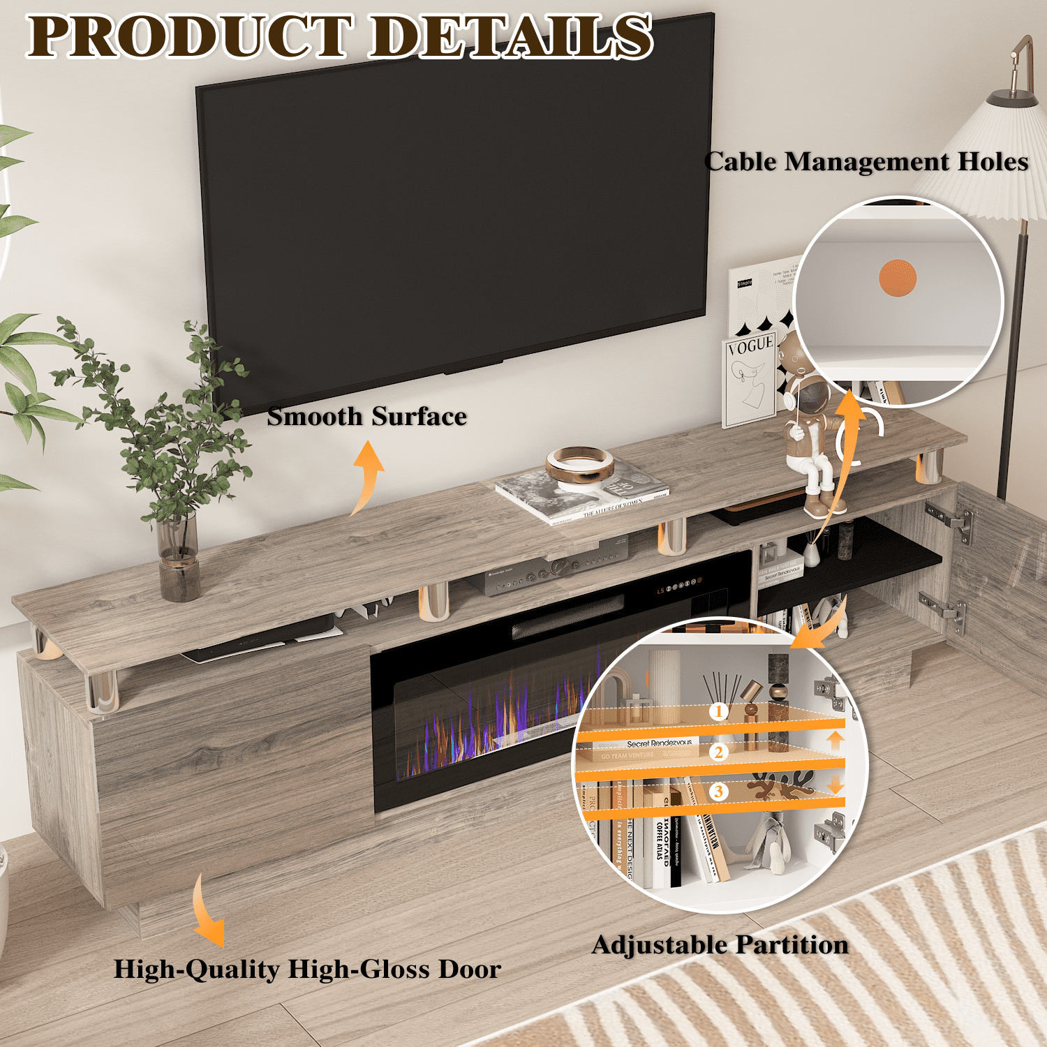 BOSSIN Fireplace TV Stand with 36" Electric Fireplace for Living Room,LED Light Entertainment Center,2 Tier TV Console Stand for TVs Up to 90"