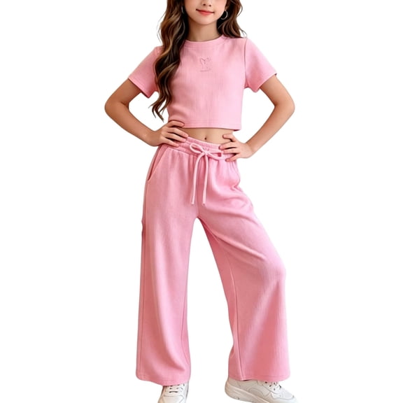 Amidoa Girls 2 Piece Outfits Summer Clothes Short Sleeve Cute Solid Color T-Shirt and With Pockets Shorts Casual Kids Clothing Sets,Pink Size 14