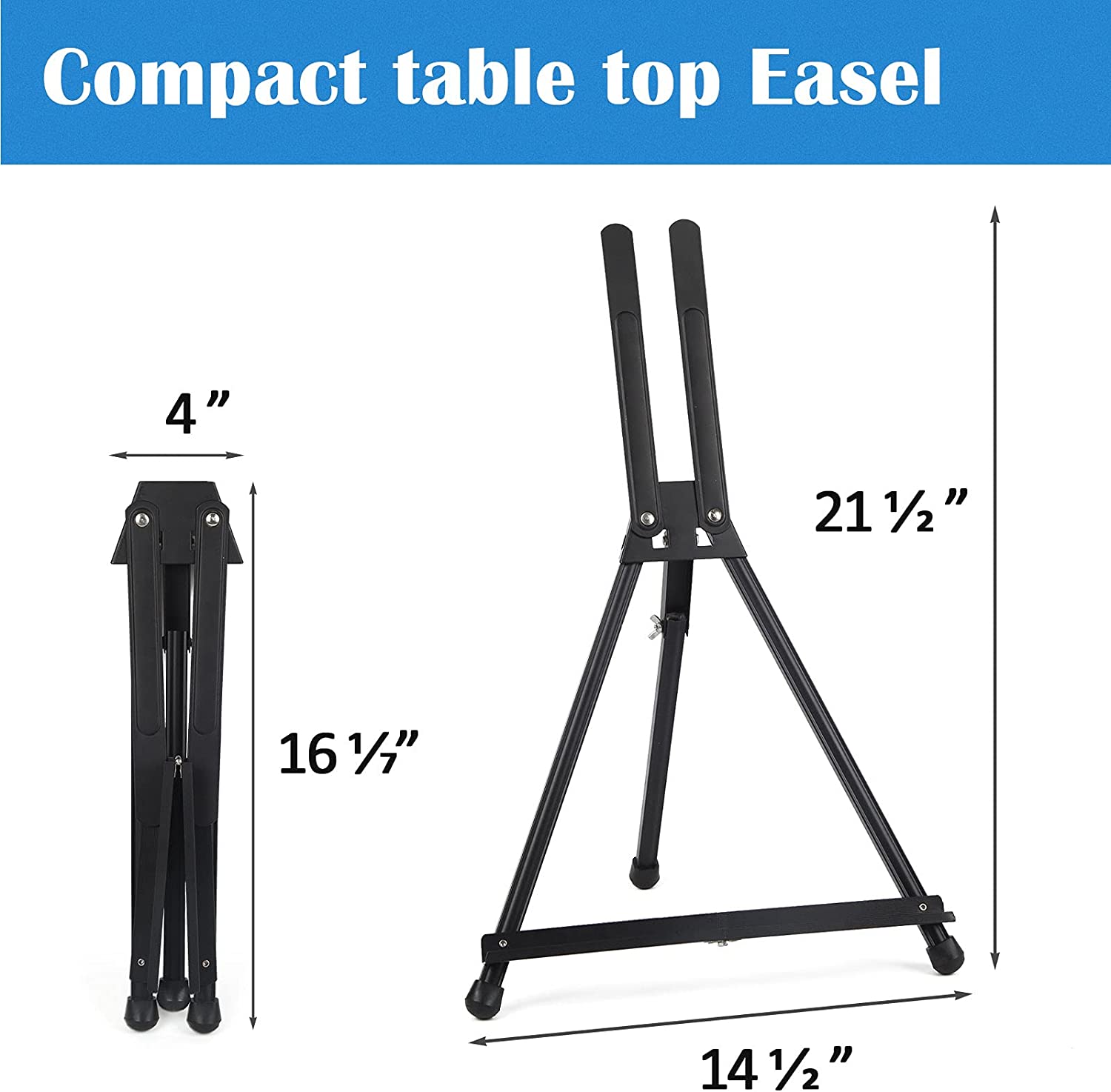 Aluminum 15" to 21" Tabletop Easel Display, Black Tripod with Rubber Feet, Holds Canvas, Paintings, Books, Photos, Signs