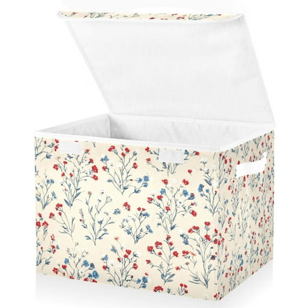 Foldable Fabric Storage Bin With Handle Collapsible Basket Box Storage With Lid Organizer Red White Blue on Cream Background