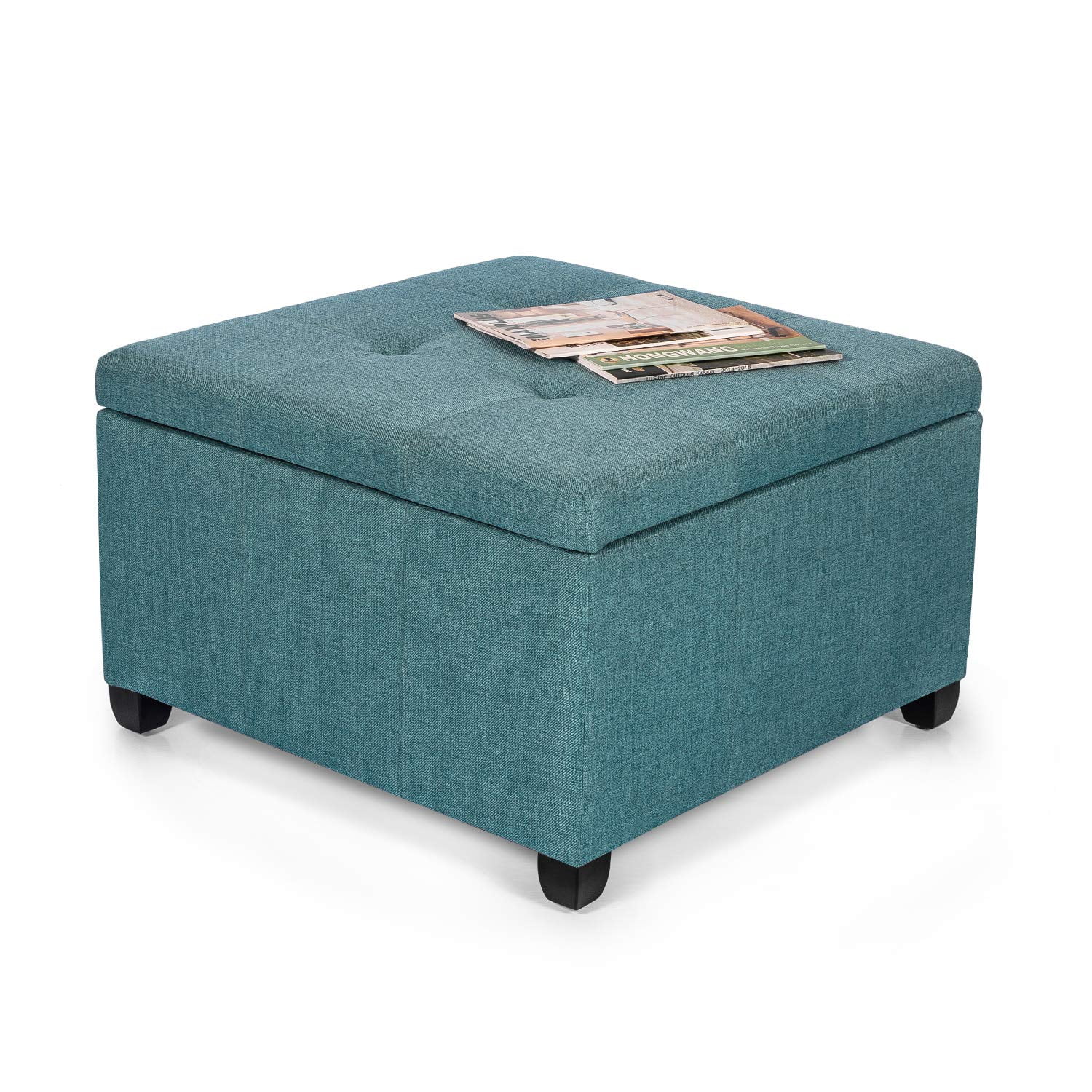 Homebeez Square Fabric Ottoman Storage Chest and Footrest Turquoise