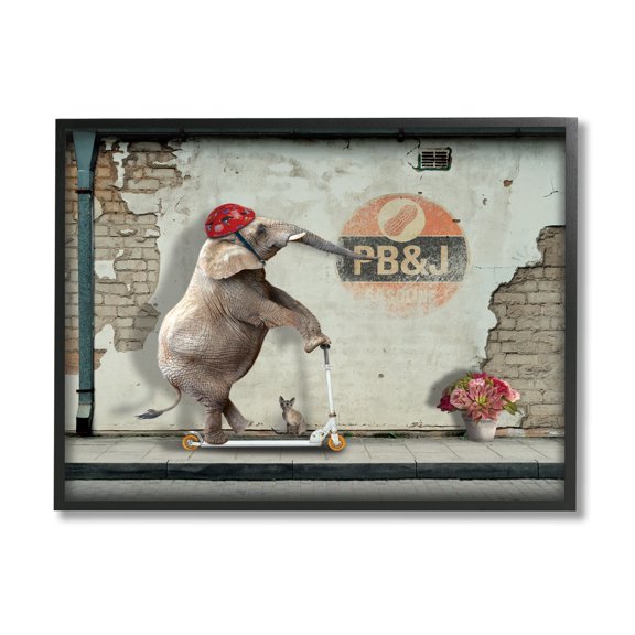 Stupell Industries Elephant Riding Scooter Old Brick City Streets Graphic Art Black Framed Art Print Wall Art, Design by Nobleworks