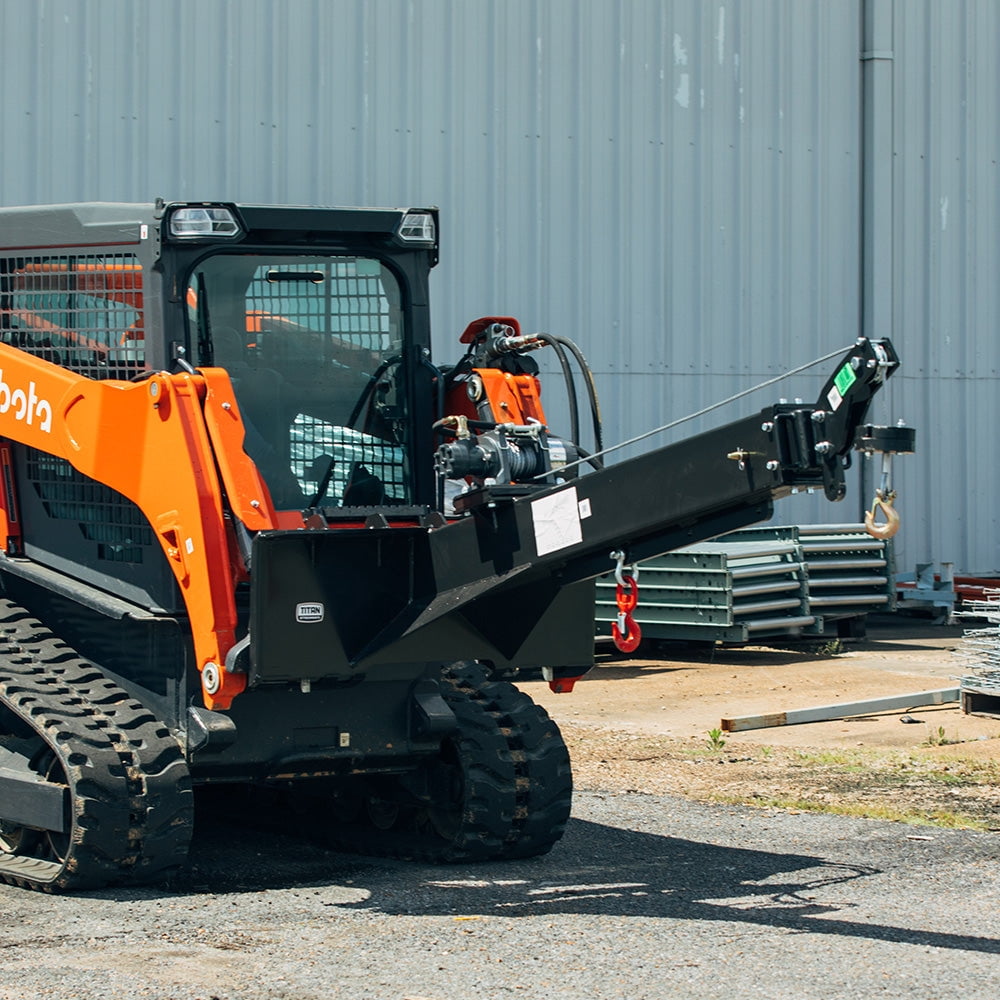 Titan Attachments Skid Steer Adjustable Jib Crane with Hydraulic Winch, 120" Manual Telescoping Boom