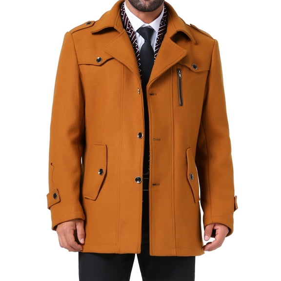 INSPIRE CHIC Mid-Length Overcoat for Men's Zipper Single Breasted Winter Coat Business Scarf Collar Coat S Caramel Brown