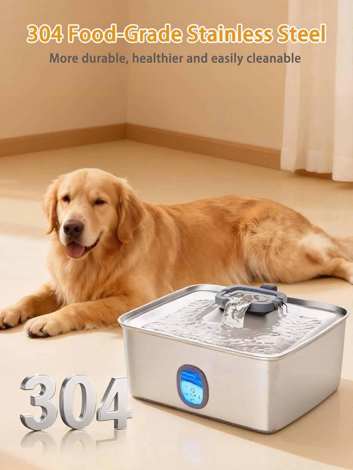 4Gal/15L Large Dog Water Fountain, Stainless Steel Pet Fountain with Water Window & LED Light, Ultra Quiet Automatic Dog Water Bowl Dispenser for Large Dogs & Multi-pet, Easy to Clean FS76