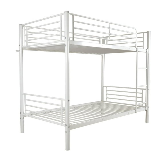 Twin Size Iron Bunk Bed Frame, Twin-Over-Twin Metal Bunk Bed with Safety Guardrail and Built-in Ladder for Teens Adults, No Box Spring Needed, Not Mattress Included, White