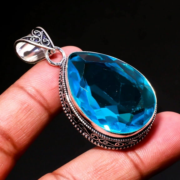 London Blue Topaz Gemstone Pendant Handmade Pear Shape Vintage Jewelry 2.20"
