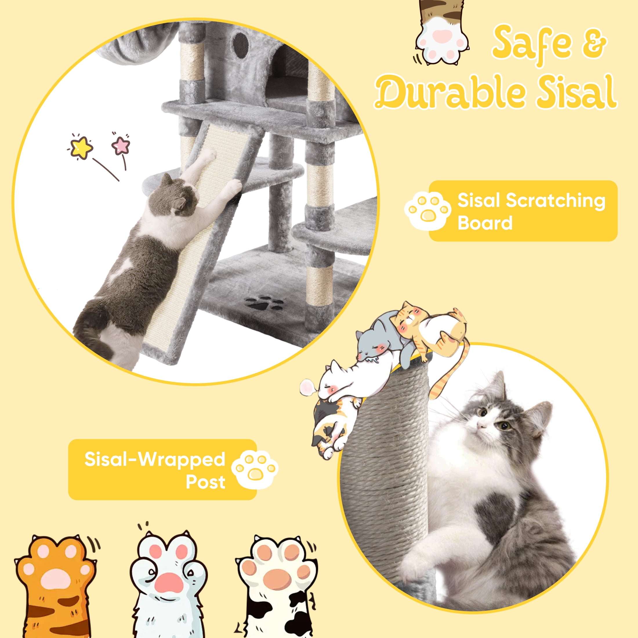 Sha Cerlin 68" X Large Cat Tree and Tower for Cats with Condo House, Sisal Scratching Board & Posts, Gray
