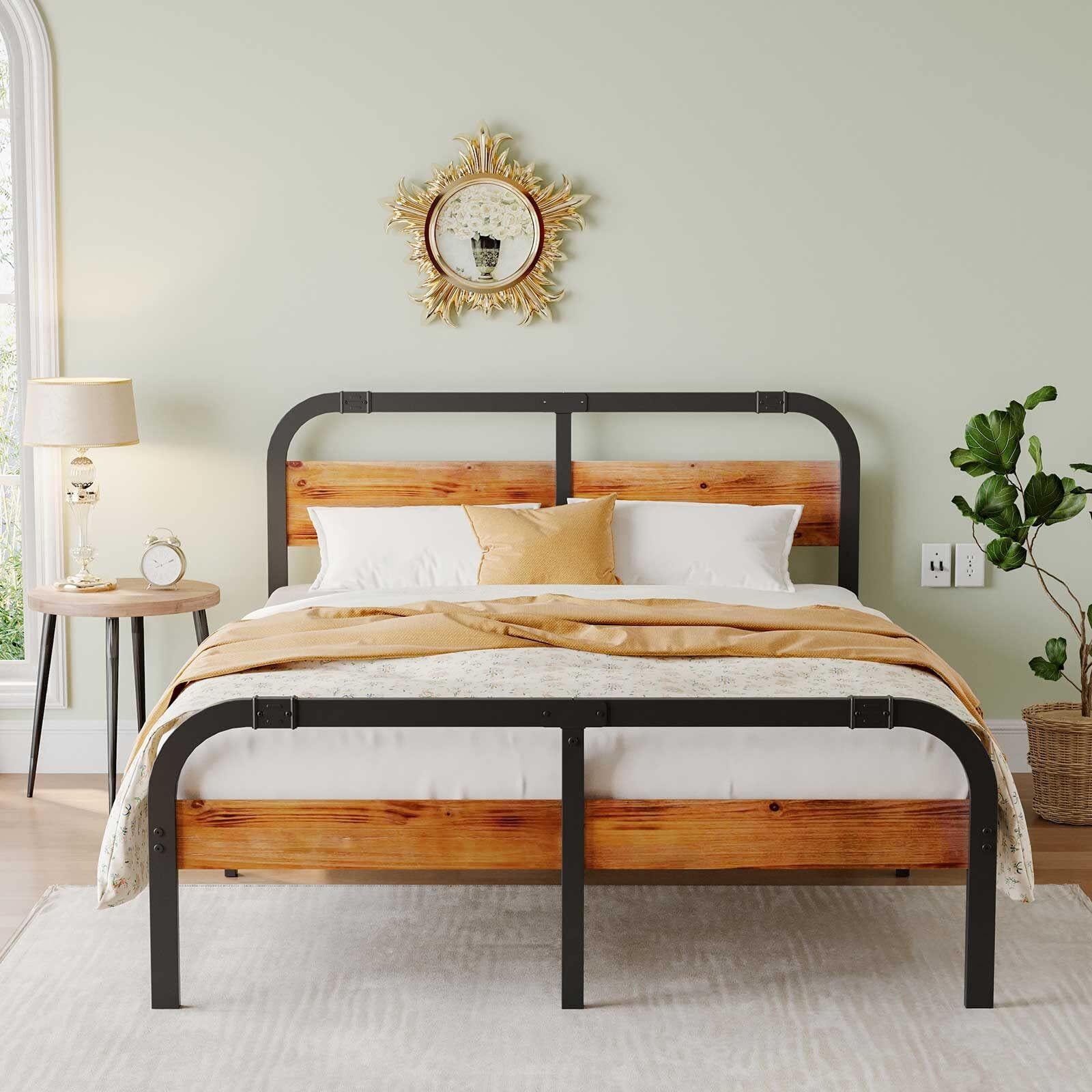 QFTIME 14" CaliKing Bed Frame with Modern Wood Headboard, Heavy Duty