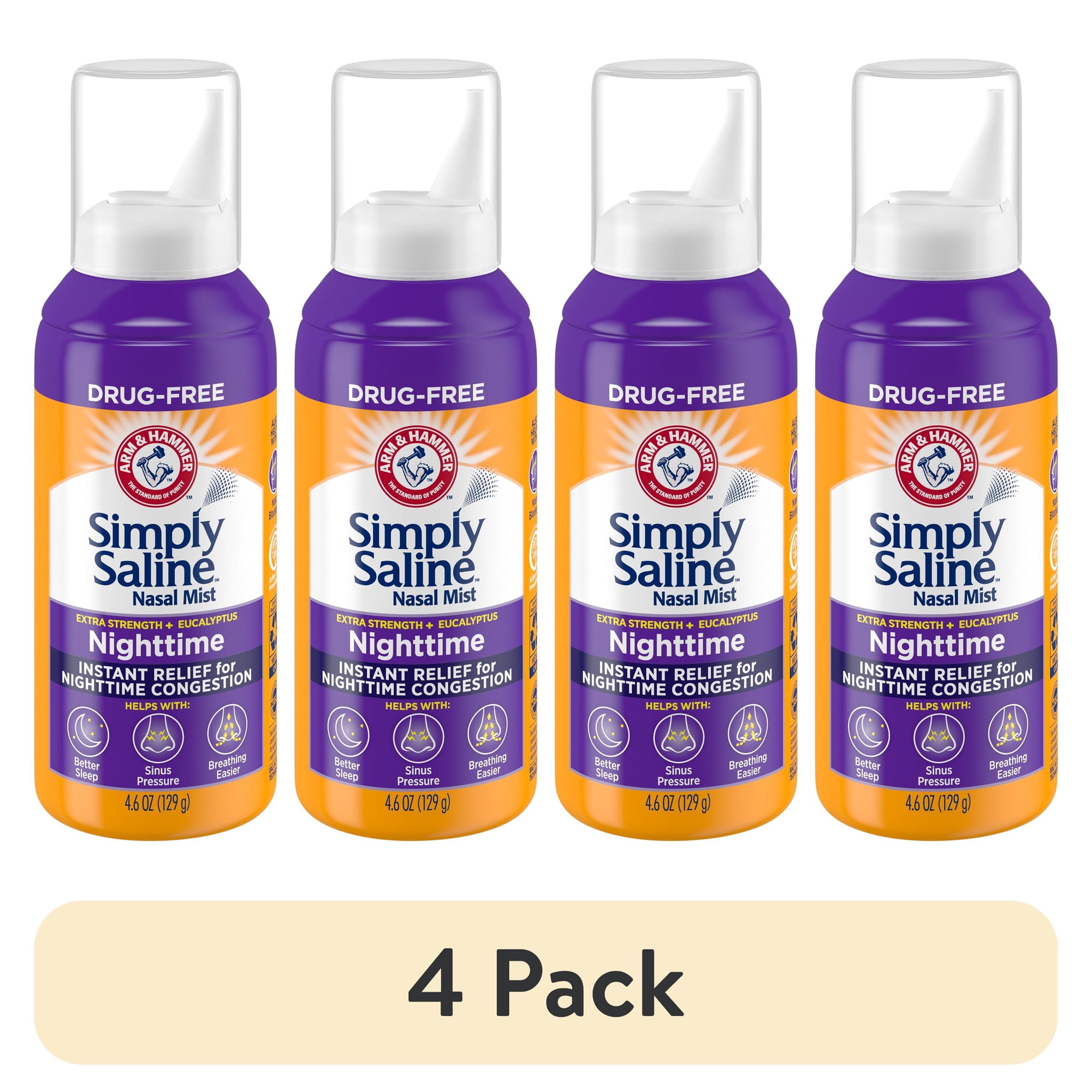 (4 pack) ARM & HAMMER Simply Saline Nighttime Drug-Free Mist for Nasal Congestion at Night, Extra Strength, Calming Eucalyptus, Safe to Use with Rx and OTC, For Adults and Kids Ages 2+, 4.6 oz (129 g)