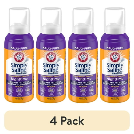 (4 pack) Arm & Hammer Simply Saline Nasal Mist Extra Strength, Nighttime Formula with Eucalyptus, 4.6OZ