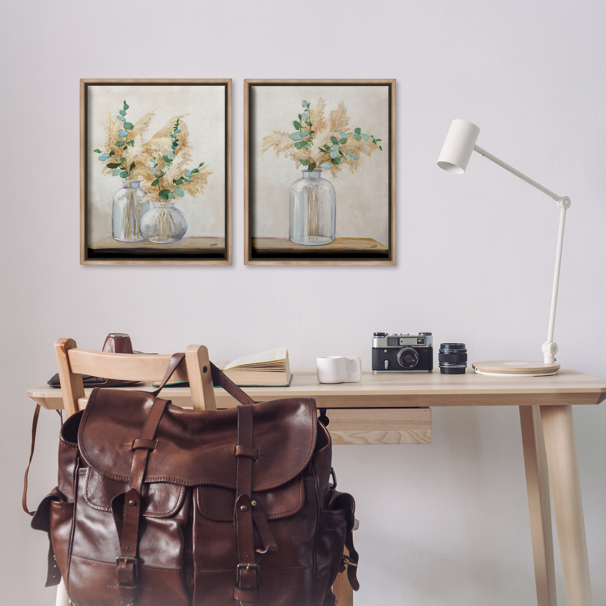 Stupell Industries Pampas Eucalyptus Bouquet Plants & Flowers Painting Brown Floater Framed Canvas Art Print Wall Art, 17 x 21, Set of 2