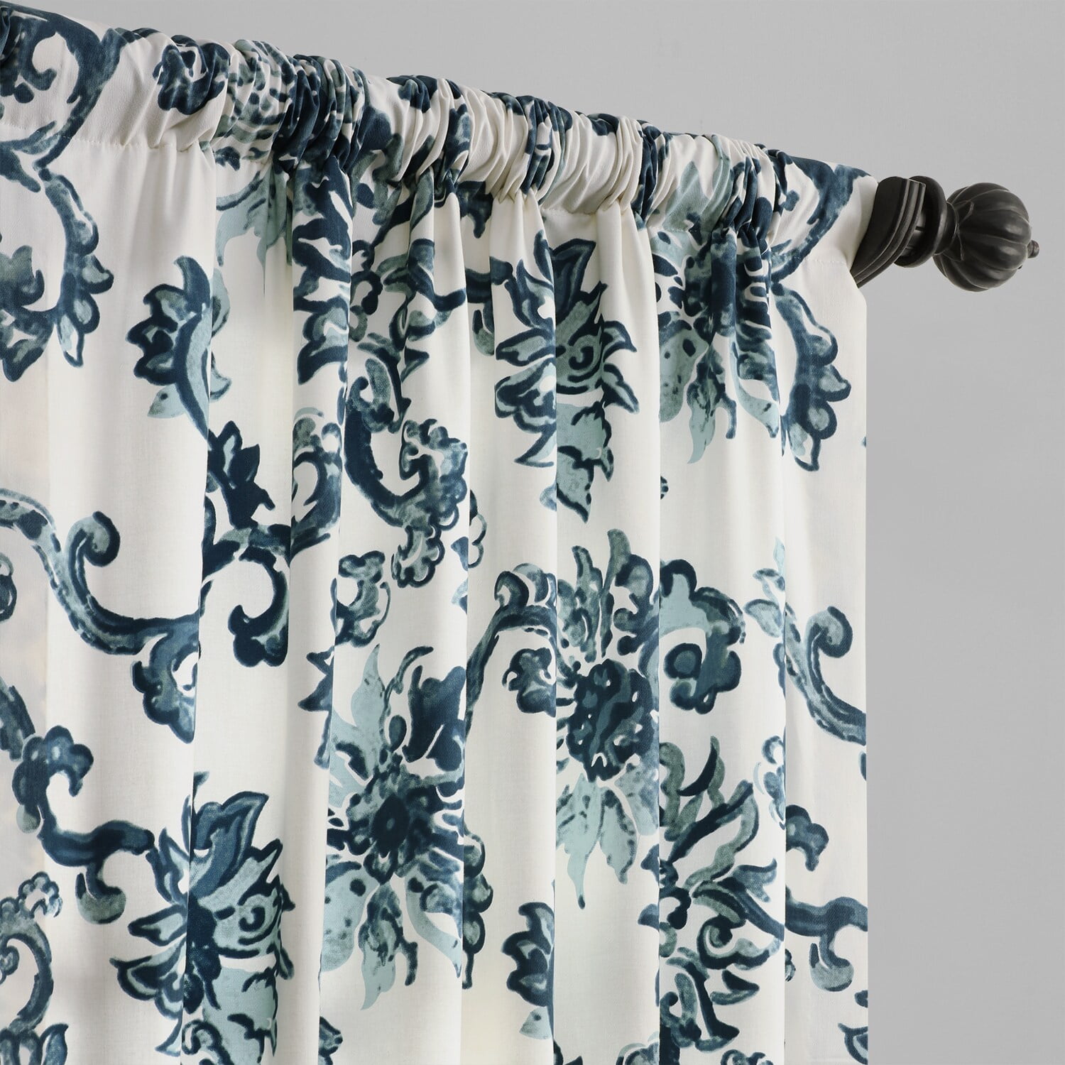 Indonesian Blue Printed Cotton Twill Curtain (1 Panel), Indonesian Blue, 50W X 84L
