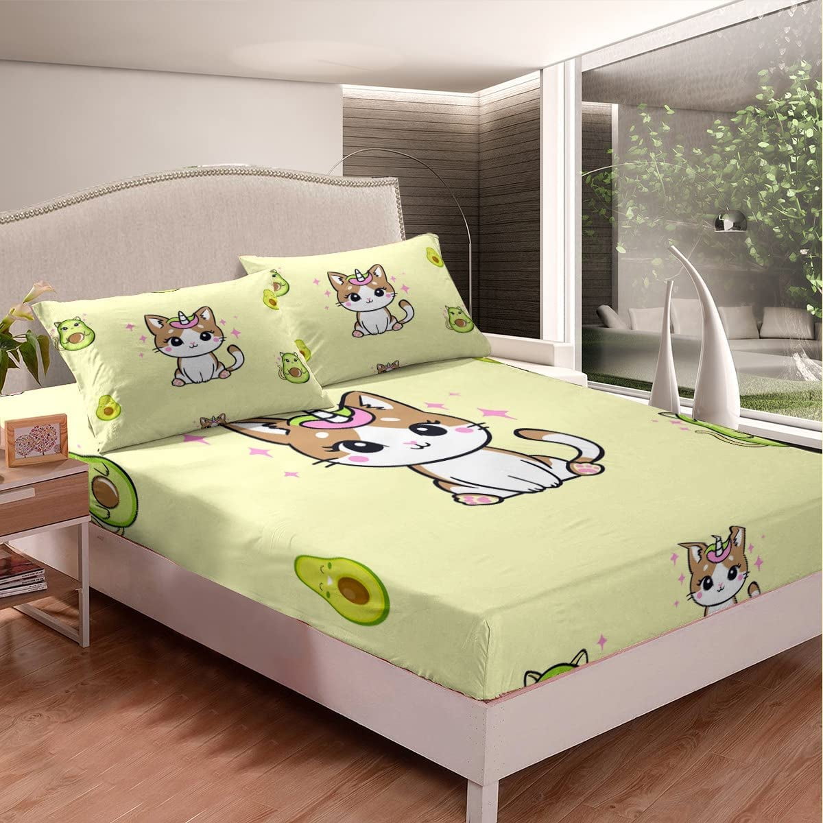 Cartoon Cat Bed Sheet Set Cute Unicorn CatBedding Sheets for Kids Boys  Girls Animal Theme Bedding Fitted Sheet Kawaii Avocado Bed Cover 1 Bed Sheet  Set with 2 Pillowcases Full Size 